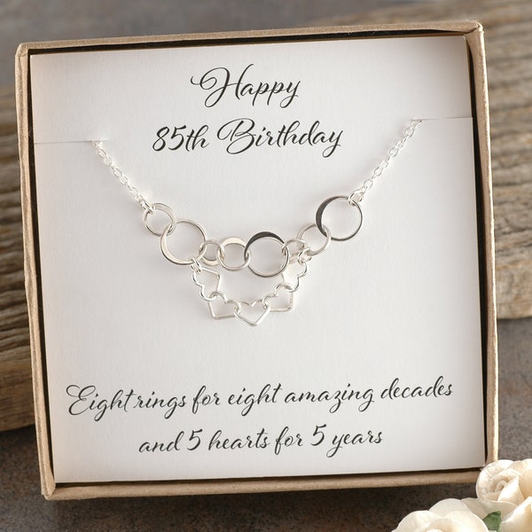 85th Birthday Gift, Eight rings for 8 amazing decades, Sterling silver necklace, Happy Birthday, 8 circles, Gift for her