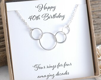 40th Birthday Necklace, Four circles for 40th Birthday, Sterling Silver, Happy Birthday, Four rings for four amazing decades, Gift for her