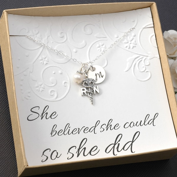 Sterling Silver - RN Registered Nurse Necklace  - Initial Charm, Pearl or Birthstone