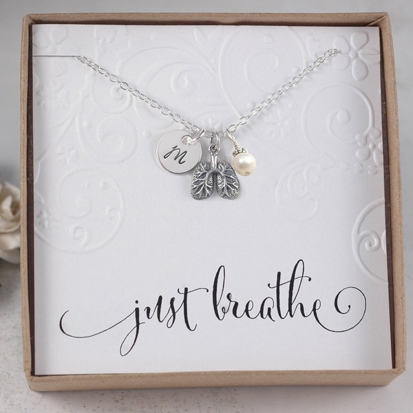 Breathe Necklace - Just Breathe - Sterling Silver - Lung charm - Pearl Charm - Initial - CF, RT, PCD, lung cancer awareness