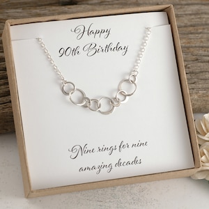90th Birthday Gift, Nine rings for 9 amazing decades, Sterling silver necklace, Happy Birthday, 9 circles, Gift for her