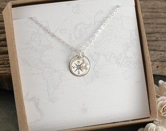 Compass Necklace - compass in circle with pearl -  Graduation gift - Travel - Sterling Silver washer necklace