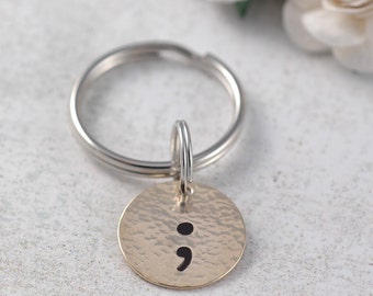 Semicolon Key Chain, semi colon token, You are a Warrior, hand stamped gold hammered disc