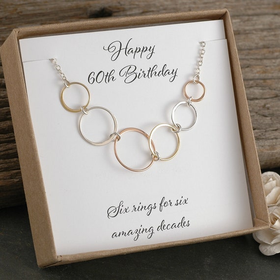 60th Birthday Gift, Six rings for 6 amazing decades, Mixed metal necklace, Happy Birthday, 6 circles, Gift for her