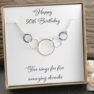 50th Birthday Gift, Five circles for 50th Birthday, Mixed metal necklace, Happy Birthday, Five rings for five amazing decades, Gift for her