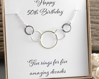 50th Birthday Gift, Five circles for 50th Birthday, Mixed metal necklace, Happy Birthday, Five rings for five amazing decades, Gift for her