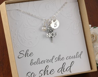 NICU nurse Necklace - Sterling Silver Initial Charm, Pearl or Birthstone, Graduation gift, neonatal intensive care unit nurse