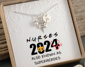 Sterling Silver - RN Registered Nurse Necklace  - Nurses AKA Superheroes, Pearl or Birthstone, Initial