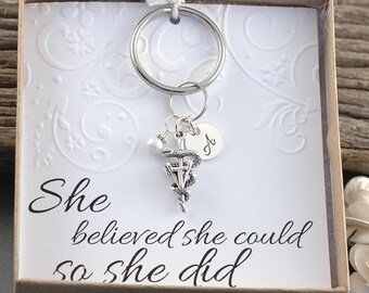 Veterinarian Key Chain, Vet Tech, Vet gift Keychain, Sterling Silver, Initial, Pearl or Birthstone, Vet technician keyring, Key Ring