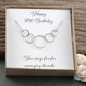 50th Birthday Gift, Five circles for 50th Birthday, Sterling Silver necklace, Happy Birthday, 5 rings for five amazing decades, Gift for her