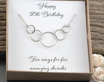 50th Birthday Gift, Five circles for 50th Birthday, Sterling Silver necklace, Happy Birthday, 5 rings for five amazing decades, Gift for her