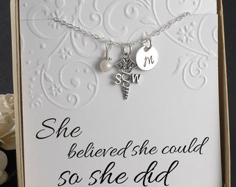Social Worker Necklace, social work professional, SW gift  - Sterling Silver Initial Charm, Pearl or Birthstone