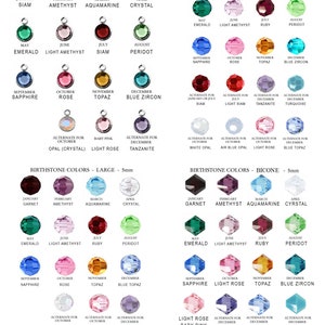 May include: Chart showing birthstone colors for each month of the year. The chart includes the names of the birthstones, the months they represent, and the color of each stone. The chart also includes alternate birthstones for some months. The chart is divided into three sections: Channel Drop Charms, Medium, and Large. The chart also includes a section for Bicone birthstones.