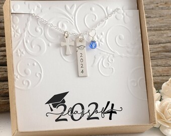 2024 Graduation Necklace - Sterling Silver - Cross charm, 2024 graduation cap charm, pearl or birthstone