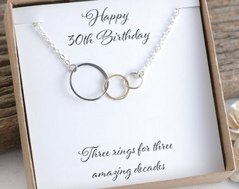 30th Birthday, Three circles for 30th Birthday, Mixed metal necklace, Happy Birthday, Three rings for three amazing decades, Gift for her