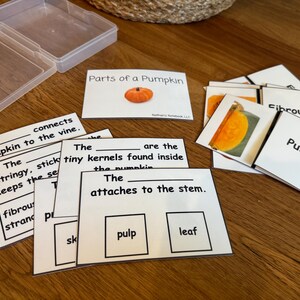 May include: Educational flashcards with the text "Parts of a Pumpkin" and illustrations of pumpkin components. The cards include fill-in-the-blank questions and labeled diagrams, all stored in a clear plastic container.