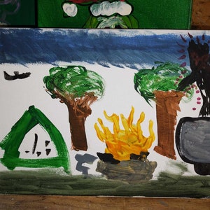 May include: A colorful painting of a campsite scene. The artwork features a green tent, a campfire with yellow flames, and trees with green foliage. A dark blue sky and a small boat are also depicted.