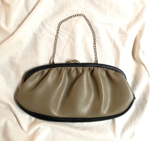 Vintage 80s Olive and Black Leather Pouch Clutch … - image 1