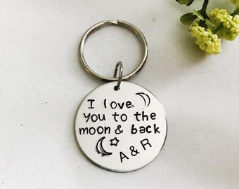 I Love You To The Moon and Back Keychain, Personalized Anniversary Keychain For Husband Boyfriend, Wife Gift Ideas Couples Keychain