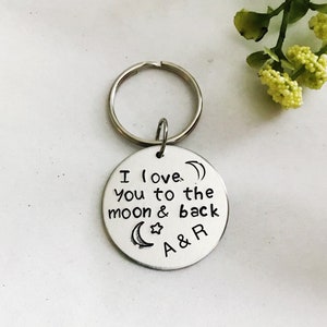 I Love You To The Moon and Back Keychain, Personalized Anniversary Keychain For Husband Boyfriend, Wife Gift Ideas Couples Keychain