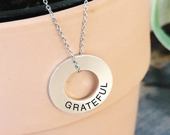 Washer Word Of The Year Necklace, Personalized Inspirational My Word Of The Year Circle Pendant, Hand Stamped Mantra Jewelry Gift For Her