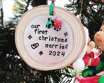 First Christmas Married Ornament: Hand Stamped Newlywed Gift