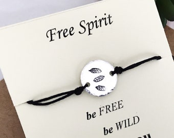 Inspiration Wish Bracelet, Wild and Free Spirit Feather Bracelet, Boho Layering Bracelet For Women, Hand Stamped Jewelry, Charm Bracelet