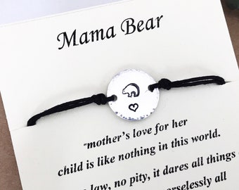 Mama Bear Adjustable Cord Bracelet, Inspirational Layering Bracelets For Women, Hand Stamped Jewelry, Charm Bracelet, Gifts For Mom Birthday