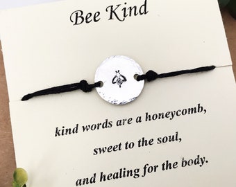 Honey Bee Jewelry Nature Lover Gift, Inspirational Bracelet For Women, Hand Stamped Jewelry, Be Kind Adjustable Cord Slider Chain Bracelet