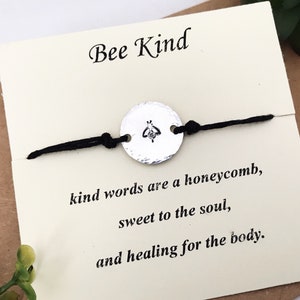 Honey Bee Jewelry Nature Lover Gift, Inspirational Bracelet For Women, Hand Stamped Jewelry, Be Kind Adjustable Cord Slider Chain Bracelet