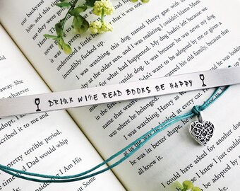 Drink Wine Read Books Bookmark: Hand Stamped Aluminum, Gift for Book Lovers