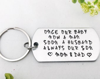 Personalized Wedding Day Gift for Son: Hand Stamped Keychain