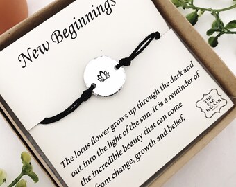 Lotus Flower Bracelet: Hand Stamped Aluminum, Hemp Cord, Adjustable