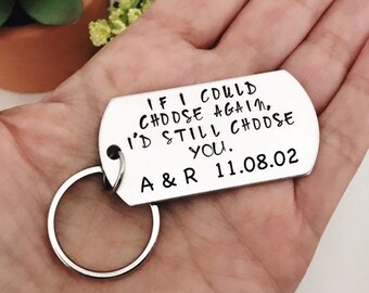 Personalized Aluminum Anniversary Keychain: Hand Stamped Couples Gift