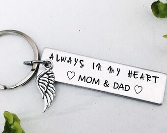 Personalized Memorial Keychain: Hand Stamped Aluminum, Angel Wing Charm