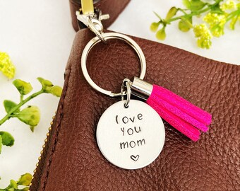 Mom Keychain: Hand Stamped Aluminum Disc with Tassel