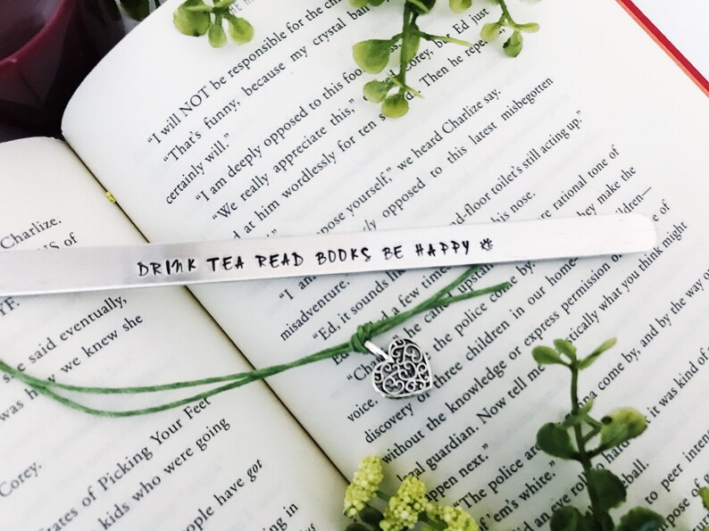 Tea Lover Gift Drink Tea Read Books Be Happy Custom Bookmark, Gift for Readers and Book Lovers, Personalized Metal Bookmark Bookworm Gifts image 3