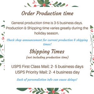 May include: A graphic with a floral border and text that reads "Order Production Time". The text explains that the general production time is 3-5 business days and that production and shipping times vary during the holiday season. It also states that the shop announcement should be checked for current production and shipping times. The graphic also includes a section titled "Shipping Times" that lists the shipping times for USPS First Class Mail and USPS Priority Mail. The graphic ends with a note that lack of personalisation information can cause delays.