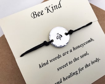 Hand Stamped Honey Bee Bracelet: Aluminum Disc, Hemp Cord