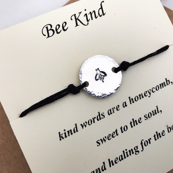 Honey Bee Jewelry Nature Lover Gift, Inspirational Bracelet For Women, Hand Stamped Jewelry, Be Kind Adjustable Cord Slider Chain Bracelet