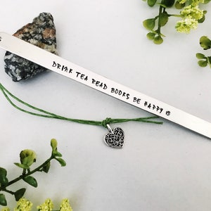 Tea Lover Gift Drink Tea Read Books Be Happy Custom Bookmark, Gift for Readers and Book Lovers, Personalized Metal Bookmark Bookworm Gifts image 2