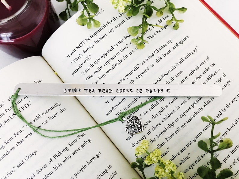 Tea Lover Gift Drink Tea Read Books Be Happy Custom Bookmark, Gift for Readers and Book Lovers, Personalized Metal Bookmark Bookworm Gifts image 1