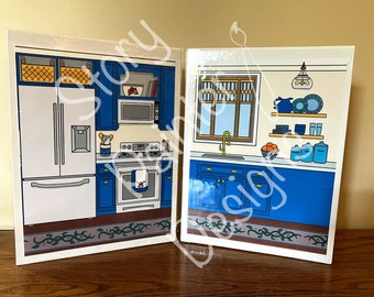 A full color two-page pdf to make a kitchen for a doll, eleven inches or shorter.