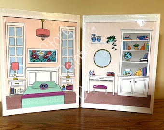 A full color, two page pdf to make a folding bedroom for a doll, eleven inches or shorter.
