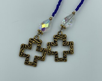 Dark Blue Seed Bead and Cross Charm Bookmark