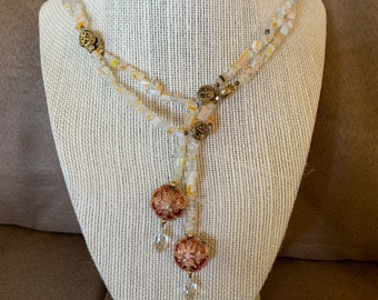 White Milleflori Glass Chip Bead Lariat Necklace