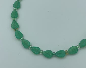 Green Leaf Czech Glass Beaded 19 inch Necklace