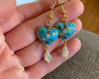 Blue Heart Cloisonné Beaded Earrings.