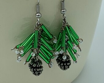 Beaded Pine Branch and Pinecone Charm Earrings