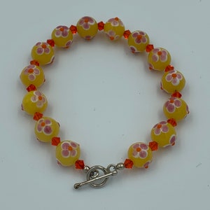 Yellow and Pink Glass 7.5 Inch Beaded Bracelet with Swarovski Crystal Accents
